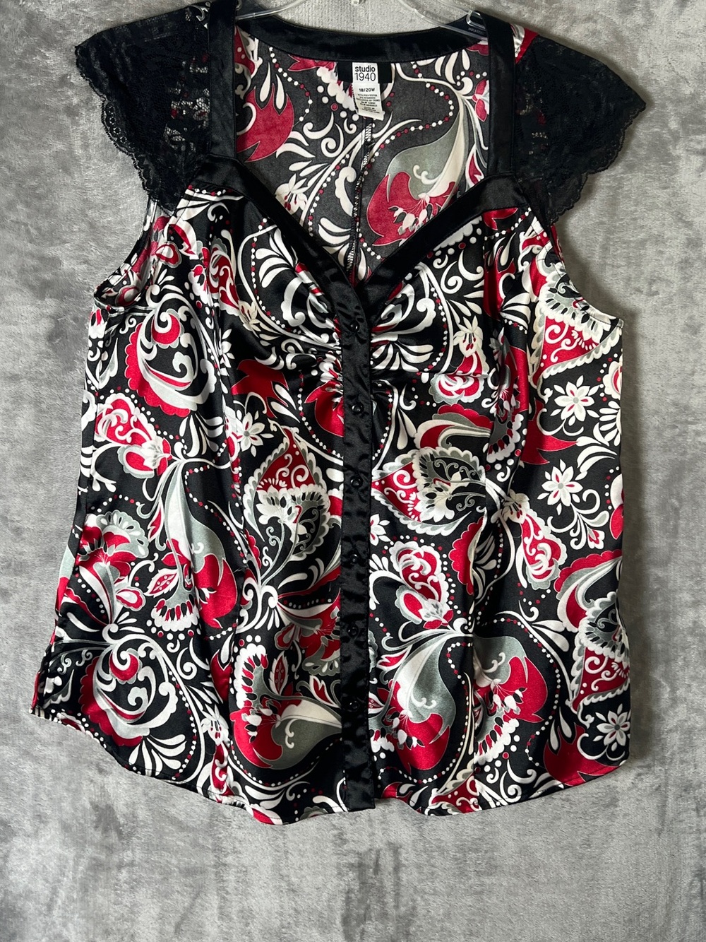 Studio 1940 Girls' Black, Red & White Paisley Lace-Trim Camisole